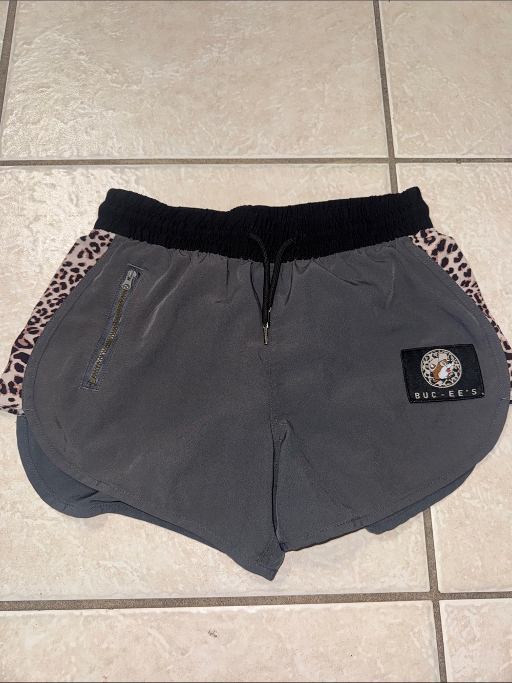 Buc-ee's Women's Gray Athletic Shorts with Leopard Accent